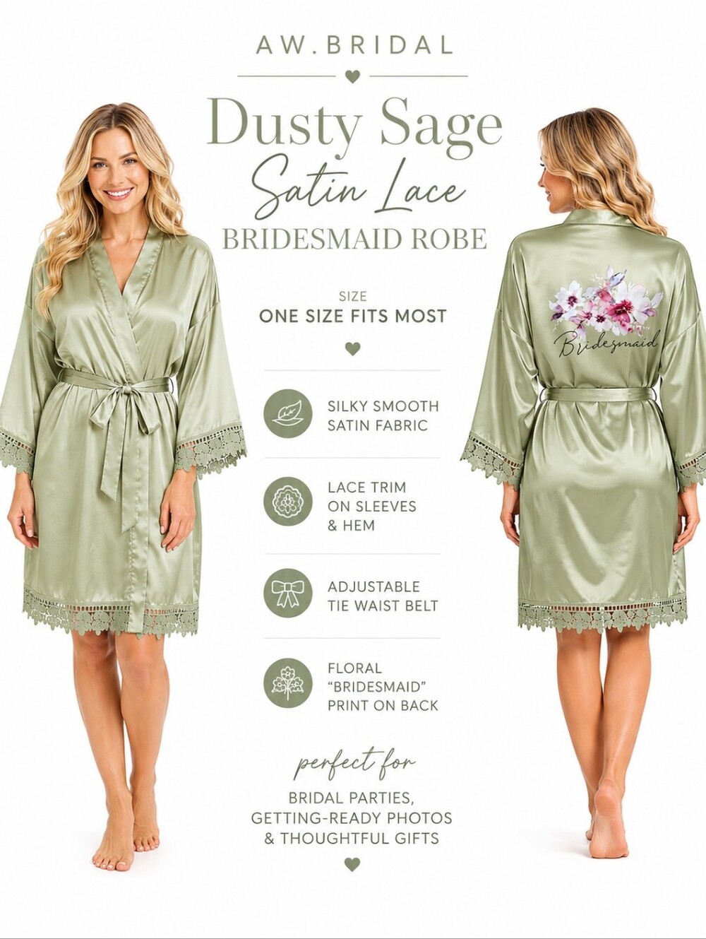 Dusty Sage Satin Lace Bridesmaid Robe Floral Wedding Getting Ready Robe